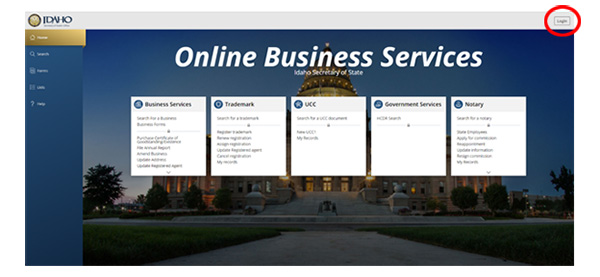 Log In Button on SOSBiz Website