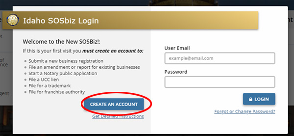 Create An Account Button on SOSBiz Website