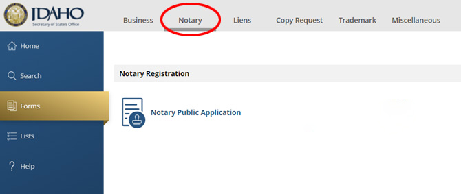 Notary Button on SOSBiz Website