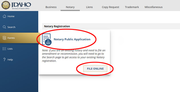 Notary Public Application on SOSBiz Website