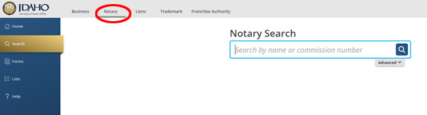 Notary Button on SOSBiz Website