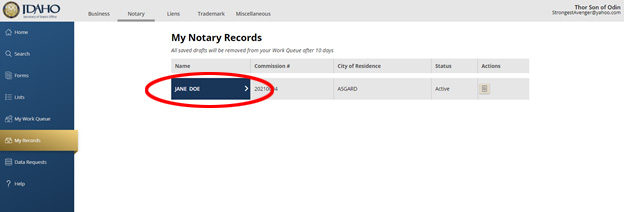 Notary Record on SOSBiz Website
