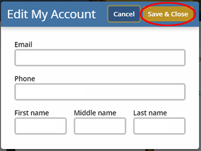 The Edit Account window showing the fields to edit email address, phone number, and name with the save and close button circled.