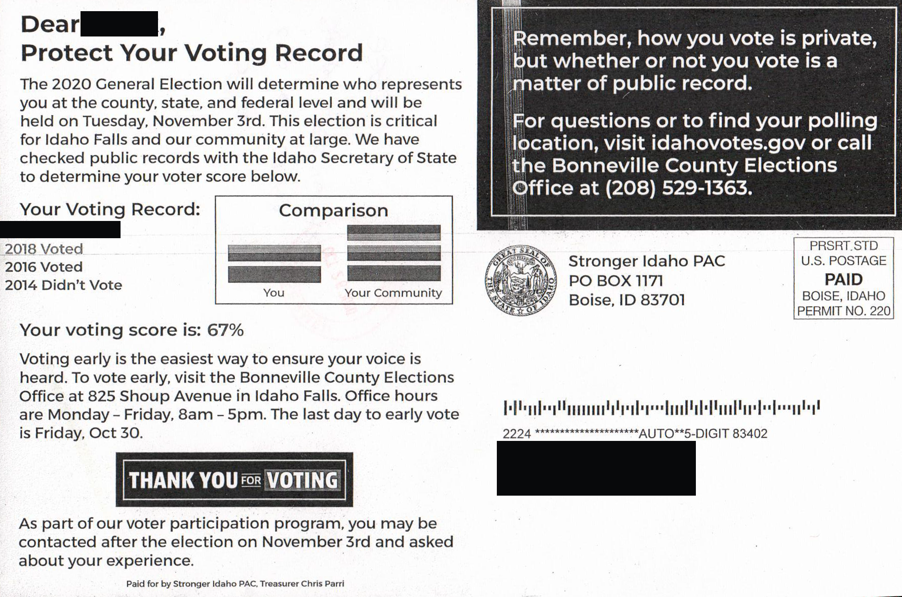 A misleading voter information mailing bearing the unauthorized use of the Idaho State Seal