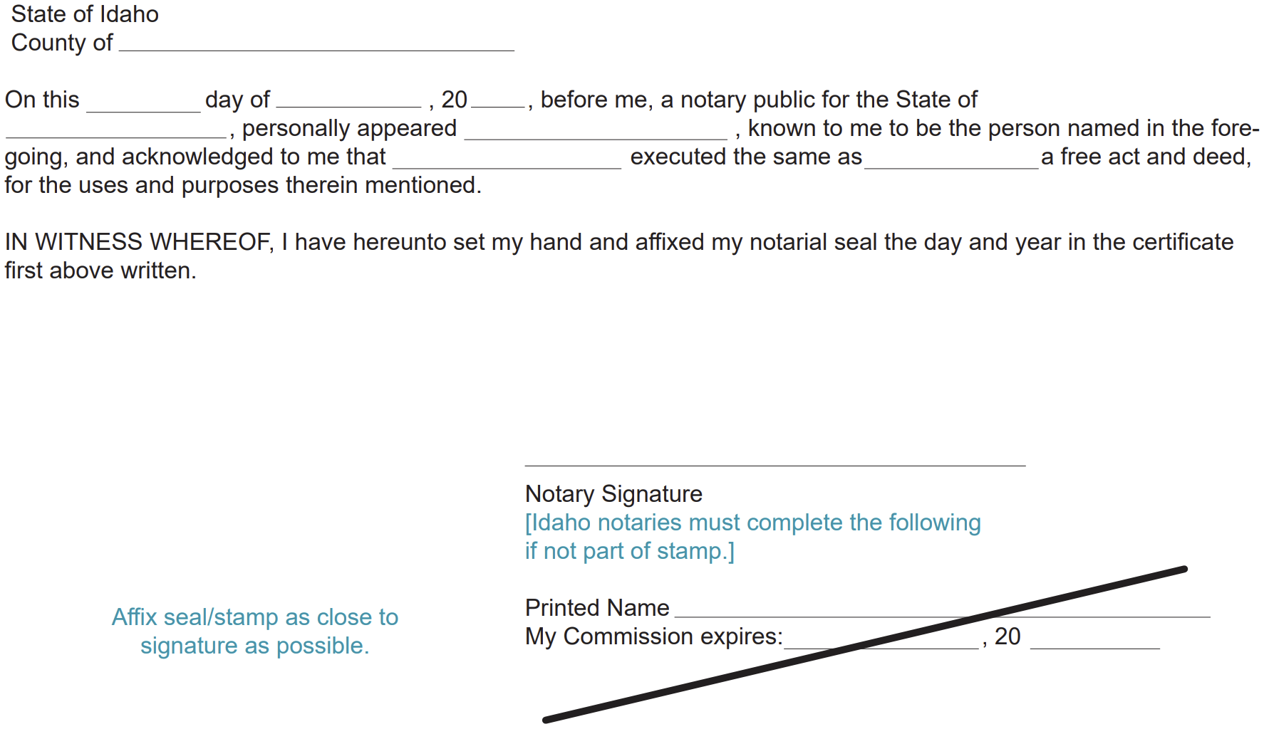 A blank acknowledgement certificate with a longer statement