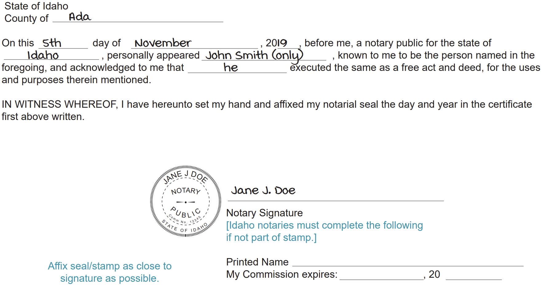 A completed version of the long-form acknowledgement certificate