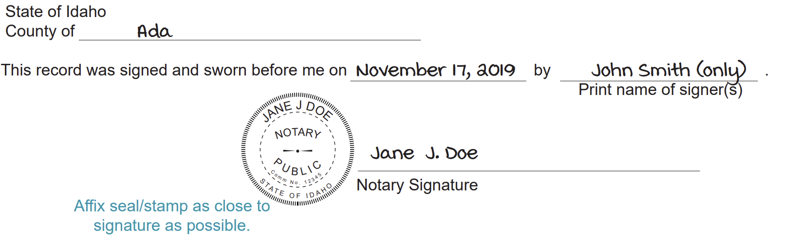 A completed basic jurat certificate
