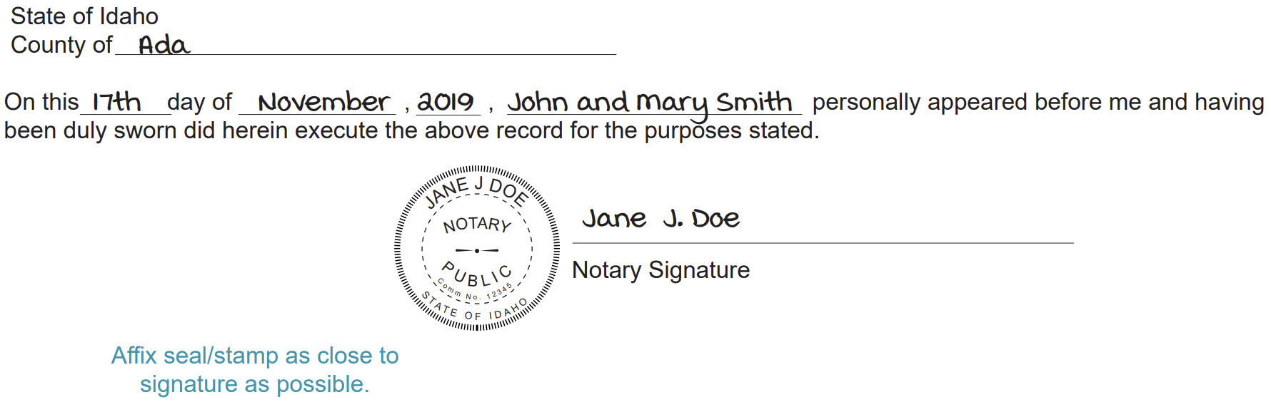 A completed long-form jurat certificate