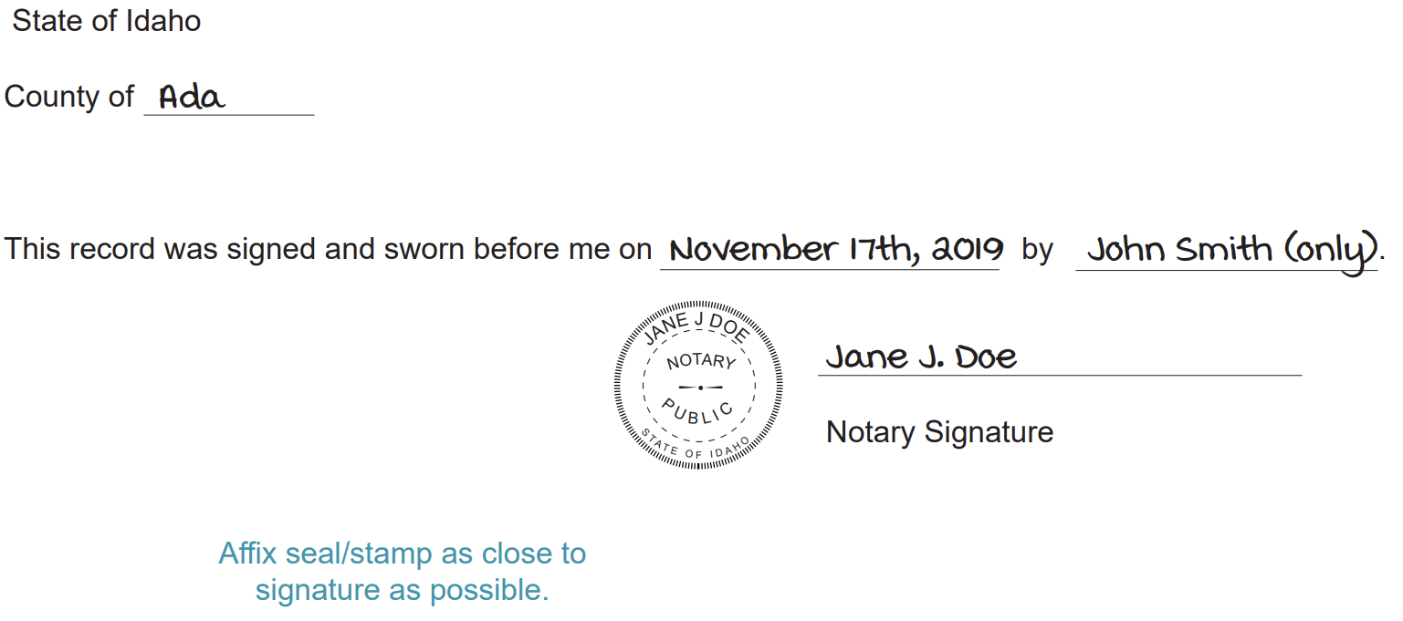 The completed jurat certifying the document custodian's signature